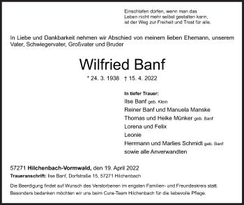 Traueranzeige von Wilfried Banf von Siegener Zeitung