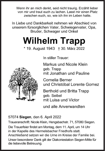 Traueranzeige von Wilhelm Trapp von Siegener Zeitung