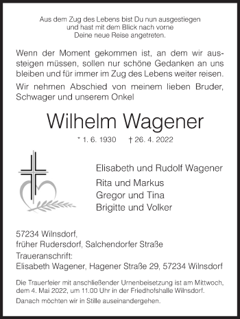 Traueranzeige von Wilhelm Wagener von Siegener Zeitung