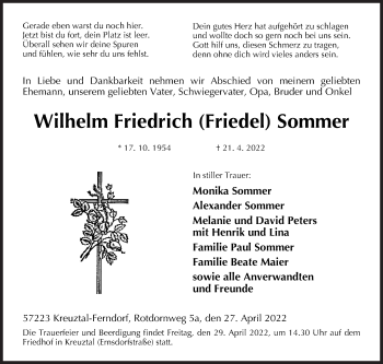 Traueranzeige von Wilhelm Friedrich Sommer von Siegener Zeitung