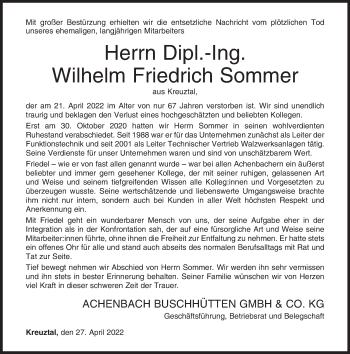 Traueranzeige von Wilhelm Friedrich Sommer von Siegener Zeitung