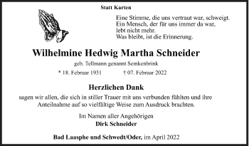 Traueranzeige von Wilhelmine Hedwig Martha Schneider von Siegener Zeitung