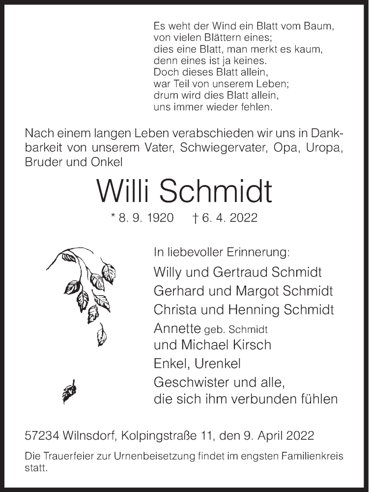  Traueranzeige für Willi Schmidt vom 09.04.2022 aus Siegener Zeitung