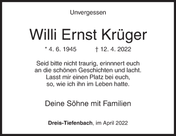 Traueranzeige von Willi Ernst Krüger von Siegener Zeitung