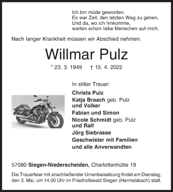 Traueranzeige von Willmar Pulz von Siegener Zeitung