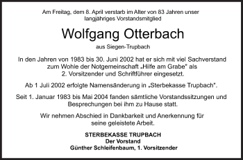 Traueranzeige von Wolfgang Otterbach von Siegener Zeitung
