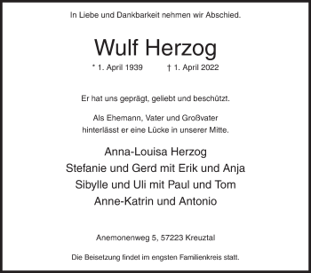 Traueranzeige von Wulf Herzog von Siegener Zeitung