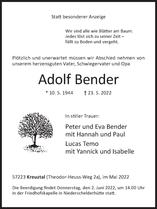 Traueranzeige von Adolf Bender von Siegener Zeitung