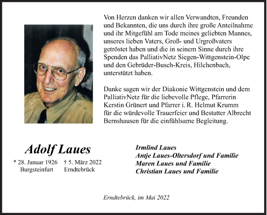 Traueranzeige von Adolf Laues von Siegener Zeitung