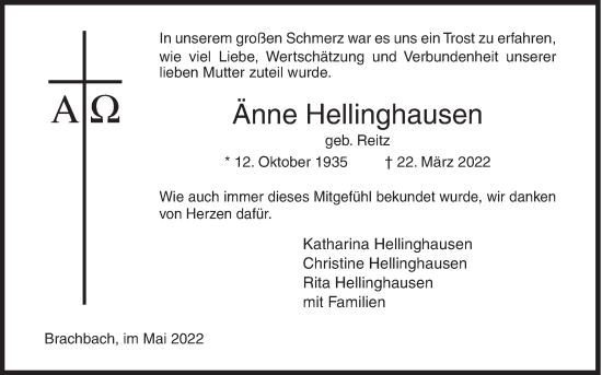 Traueranzeige von Änne Hellinghausen von Siegener Zeitung