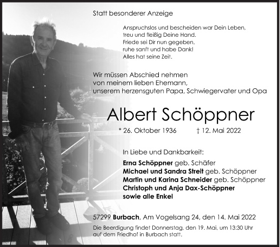 Traueranzeige von Albert Schöppner von Siegener Zeitung