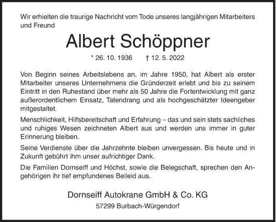 Traueranzeige von Albert Schöppner von Siegener Zeitung