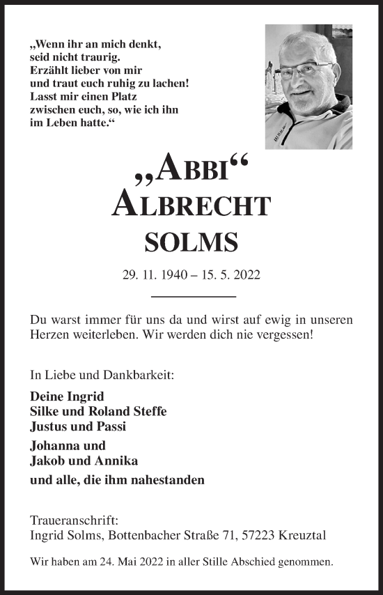 Traueranzeige von Albrecht Solms von Siegener Zeitung