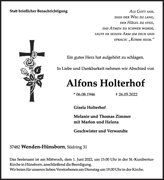 Traueranzeige von Alfons Holterhof von Siegener Zeitung