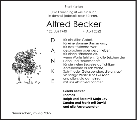 Traueranzeige von Alfred Becker von Siegener Zeitung