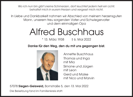 Traueranzeige von Alfred Buschhaus von Siegener Zeitung