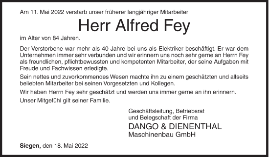Traueranzeige von Alfred Fey von Siegener Zeitung