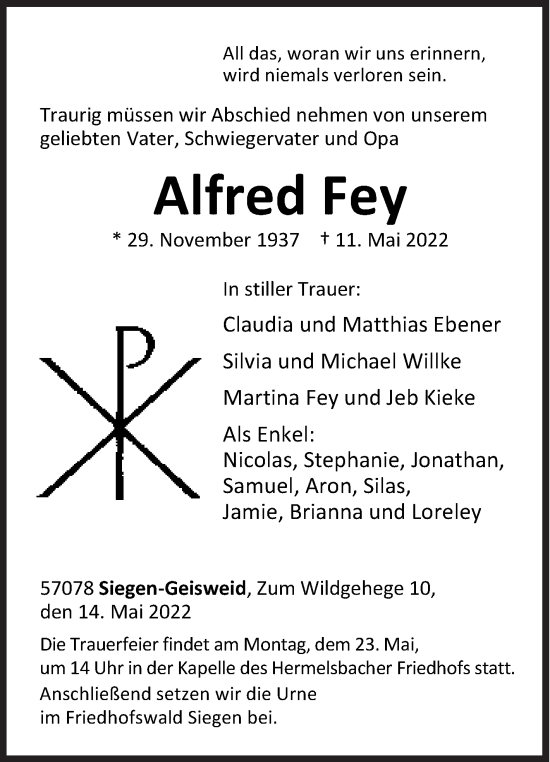 Traueranzeige von Alfred Fey von Siegener Zeitung