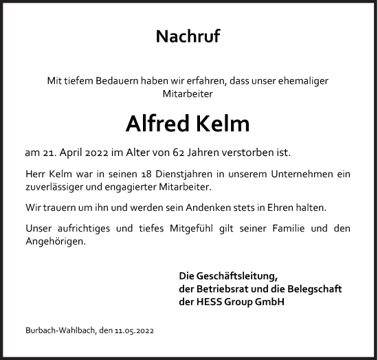 Traueranzeige von Alfred Kelm von Siegener Zeitung