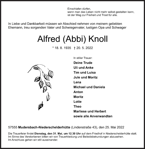 Traueranzeige von Alfred  Knoll von Siegener Zeitung