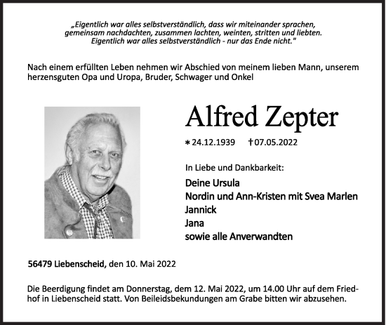 Traueranzeige von Alfred Zepter von Siegener Zeitung