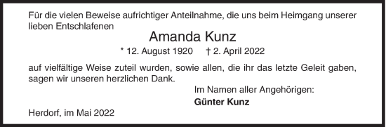 Traueranzeige von Amanda Kunz von Siegener Zeitung