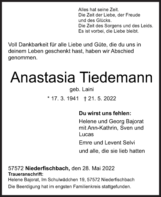Traueranzeige von Anastasia Tiedemann von Siegener Zeitung