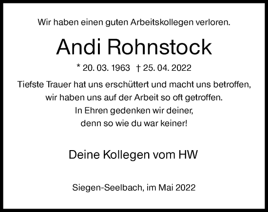 Traueranzeige von Andi Rohnstock von Siegener Zeitung