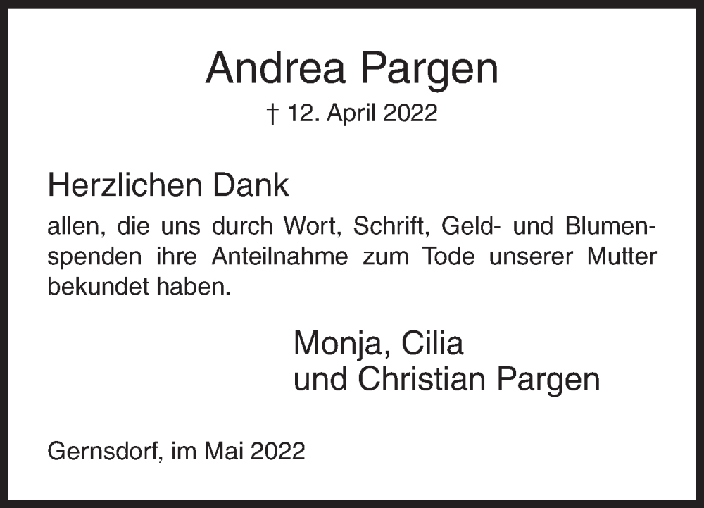  Traueranzeige für Andrea Pargen vom 28.05.2022 aus Siegener Zeitung