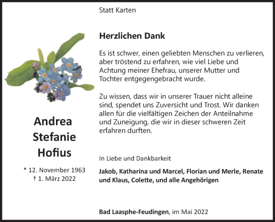 Traueranzeige von Andrea Stefanie Hofius von Siegener Zeitung