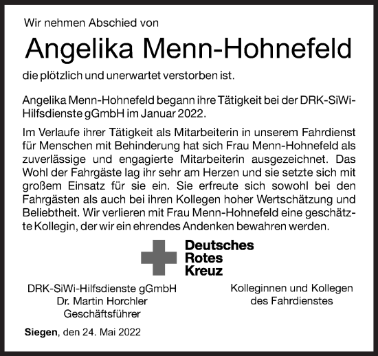 Traueranzeige von Angelika Menn-Hohnefeld von Siegener Zeitung