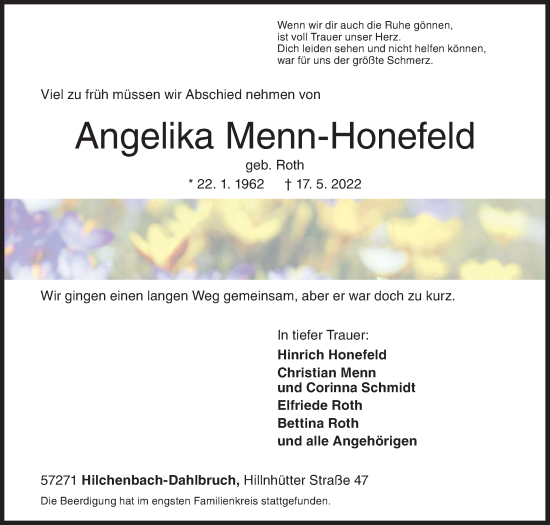 Traueranzeige von Angelika Menn-Honefeld von Siegener Zeitung