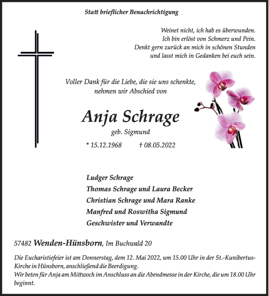 Traueranzeige von Anja Schrage von Siegener Zeitung