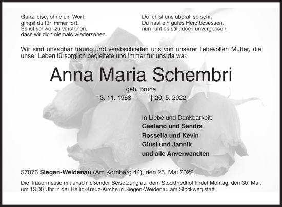 Traueranzeige von Anna Maria Schembri von Siegener Zeitung