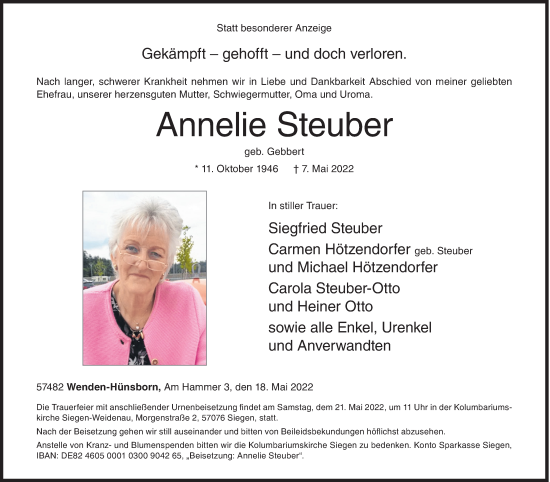 Traueranzeige von Annelie Steuber von Siegener Zeitung