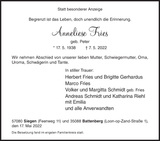 Traueranzeige von Anneliese Fries von Siegener Zeitung