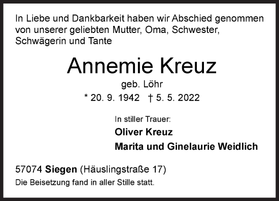 Traueranzeige von Annemie Kreuz von Siegener Zeitung