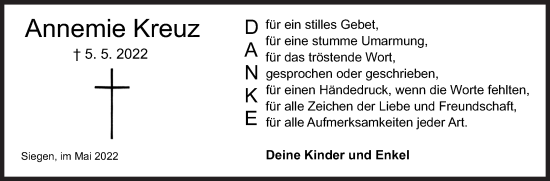 Traueranzeige von Annemie Kreuz von Siegener Zeitung