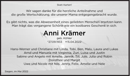 Traueranzeige von Anni Krämer von Siegener Zeitung