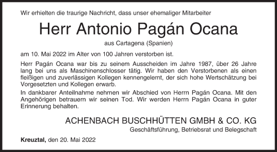 Traueranzeige von Antonio Pagán Ocana von Siegener Zeitung