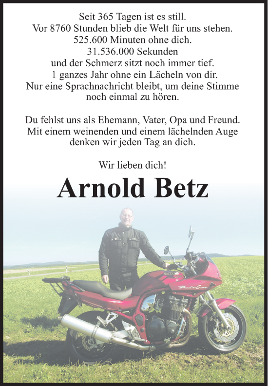 Traueranzeige von Arnold Betz von Siegener Zeitung