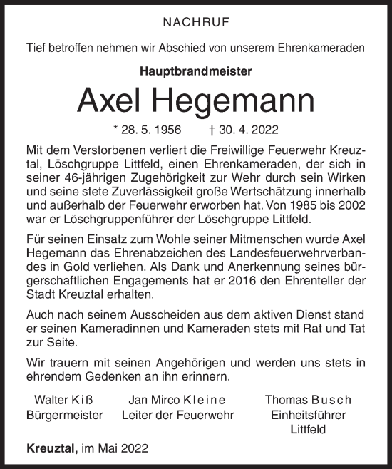 Traueranzeige von Axel Hegemann von Siegener Zeitung