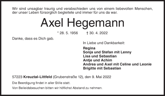 Traueranzeige von Axel Hegemann von Siegener Zeitung