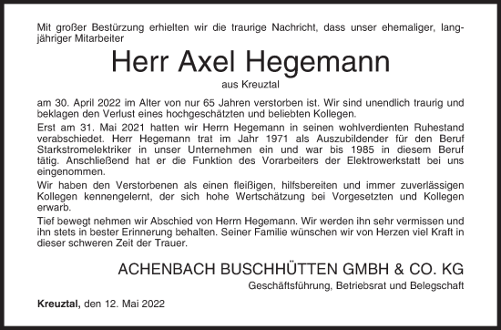 Traueranzeige von Axel Hegemann von Siegener Zeitung