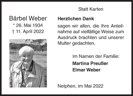 Traueranzeige von Bärbel Weber von Siegener Zeitung