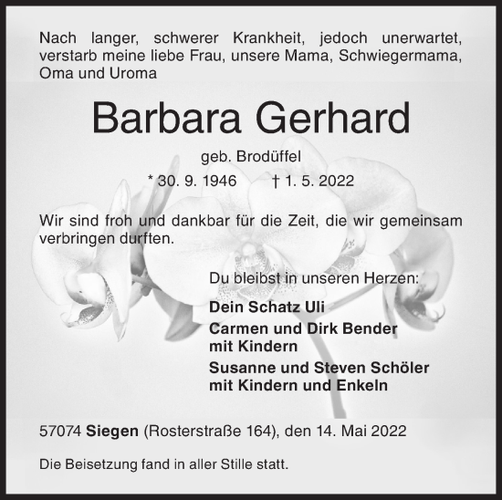 Traueranzeige von Barbara Gerhard von Siegener Zeitung