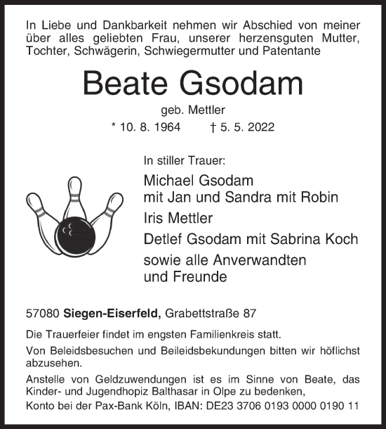 Traueranzeige von Beate Gsodam von Siegener Zeitung