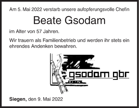 Traueranzeige von Beate Gsodam von Siegener Zeitung