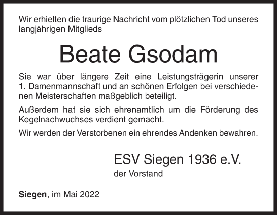 Traueranzeige von Beate Gsodam von Siegener Zeitung