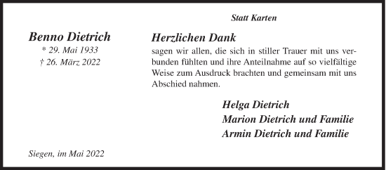 Traueranzeige von Benno Dietrich von Siegener Zeitung